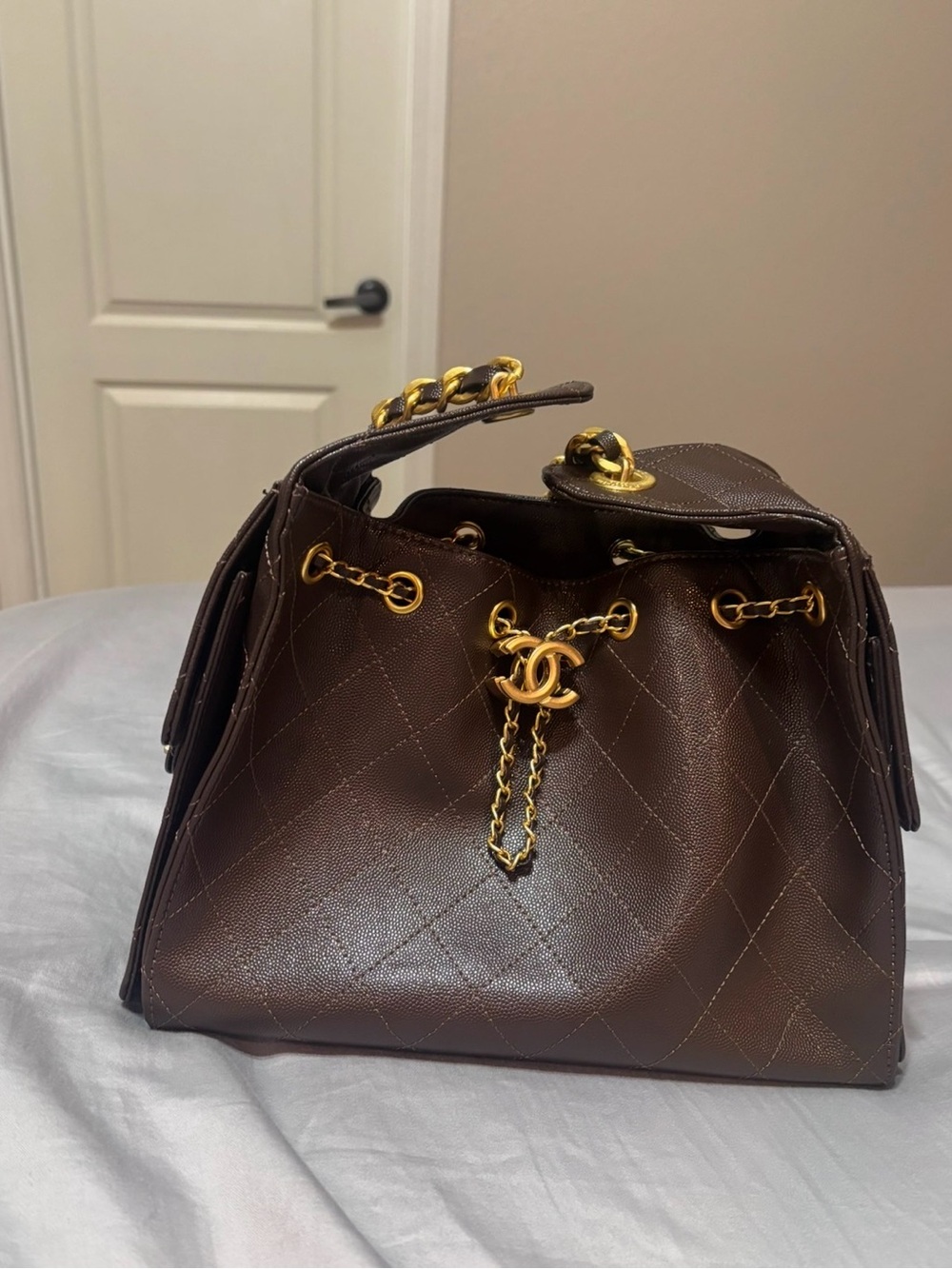 No name Brown Quilted Drawstring Shoulder Bag with Gold Hardware